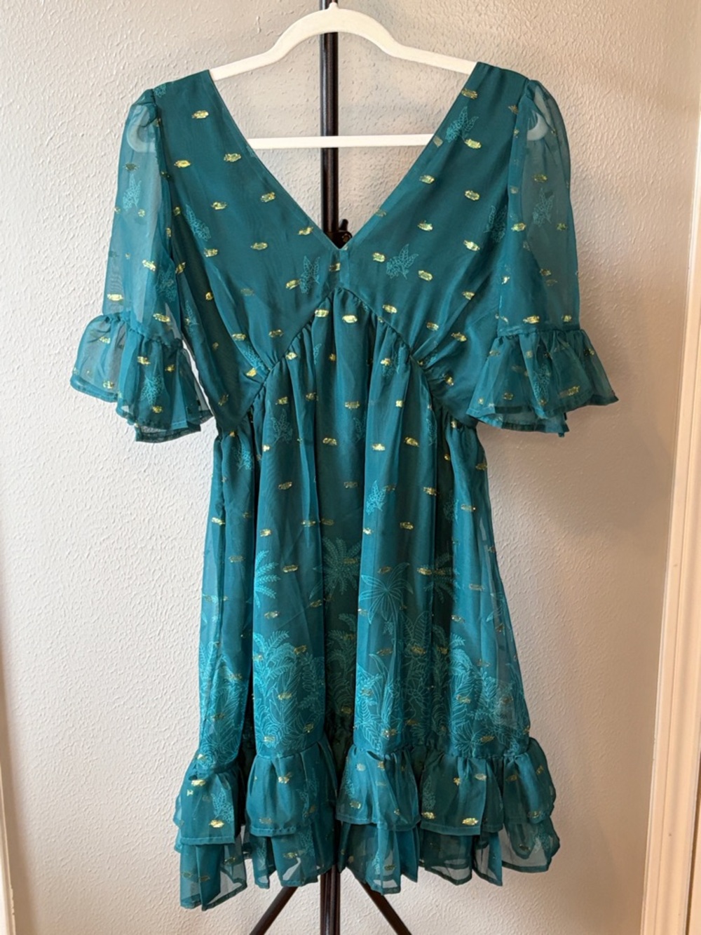 SVANAA Green Gold Metallic Smocked Puff Sleeve Mini Dress NWT Small - Picture 2 of 8
